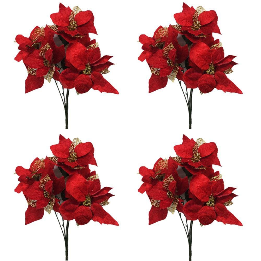 Kit 4 Buquê Natal Bico de Papagaio Vermelho Camurça e Dourado 5 Flores 47cm - Master Christmas