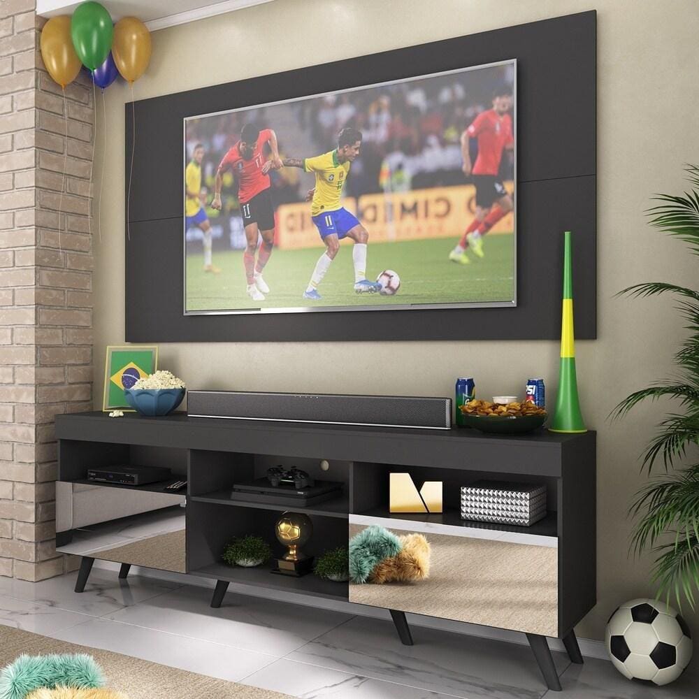 Rack c/ Painel TV 65” Retrô com Espelho Holanda Multimóveis BR3138 Preto