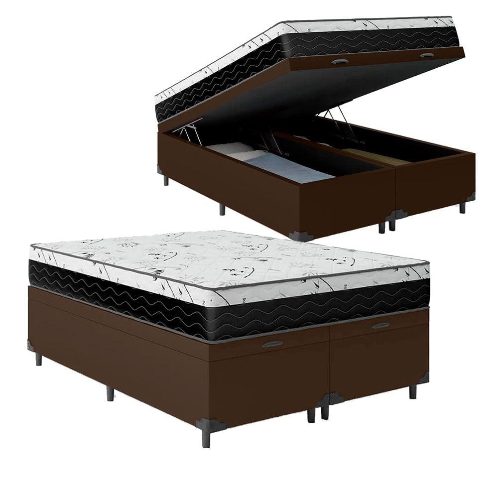 Cama Box Baú Queen 158 Tecido Sintético Marrom com Colchão Espuma D33 One Face Preto - Bello Box - 58x158x198