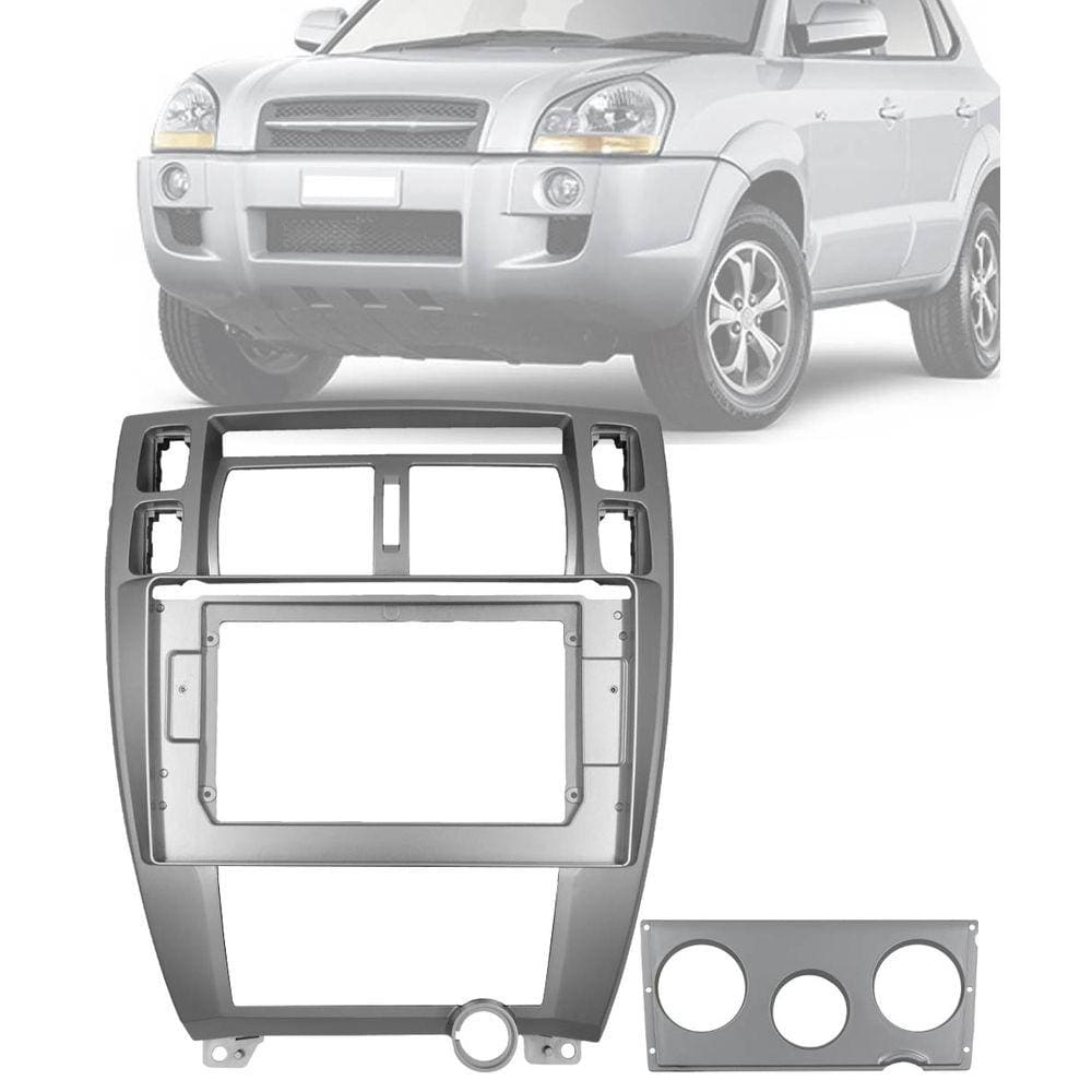 Moldura 2 Din Hyundai Tucson 10\" Polegadas Prata 2007 até 2011 Ar Analógico/Ar Digital