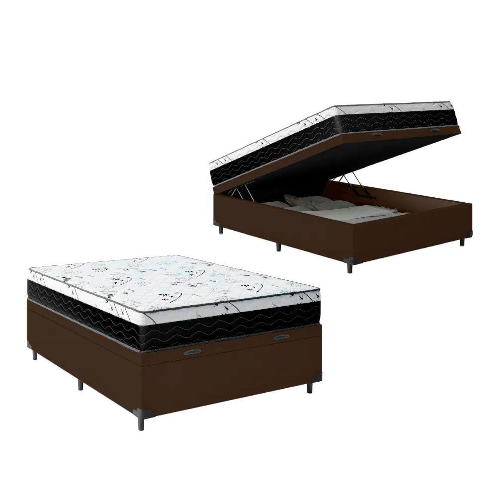 Cama Box Baú Casal 138 Tecido Sintético Marrom com Colchão Espuma D33 One Face Preto - Bello Box - 58x138x188