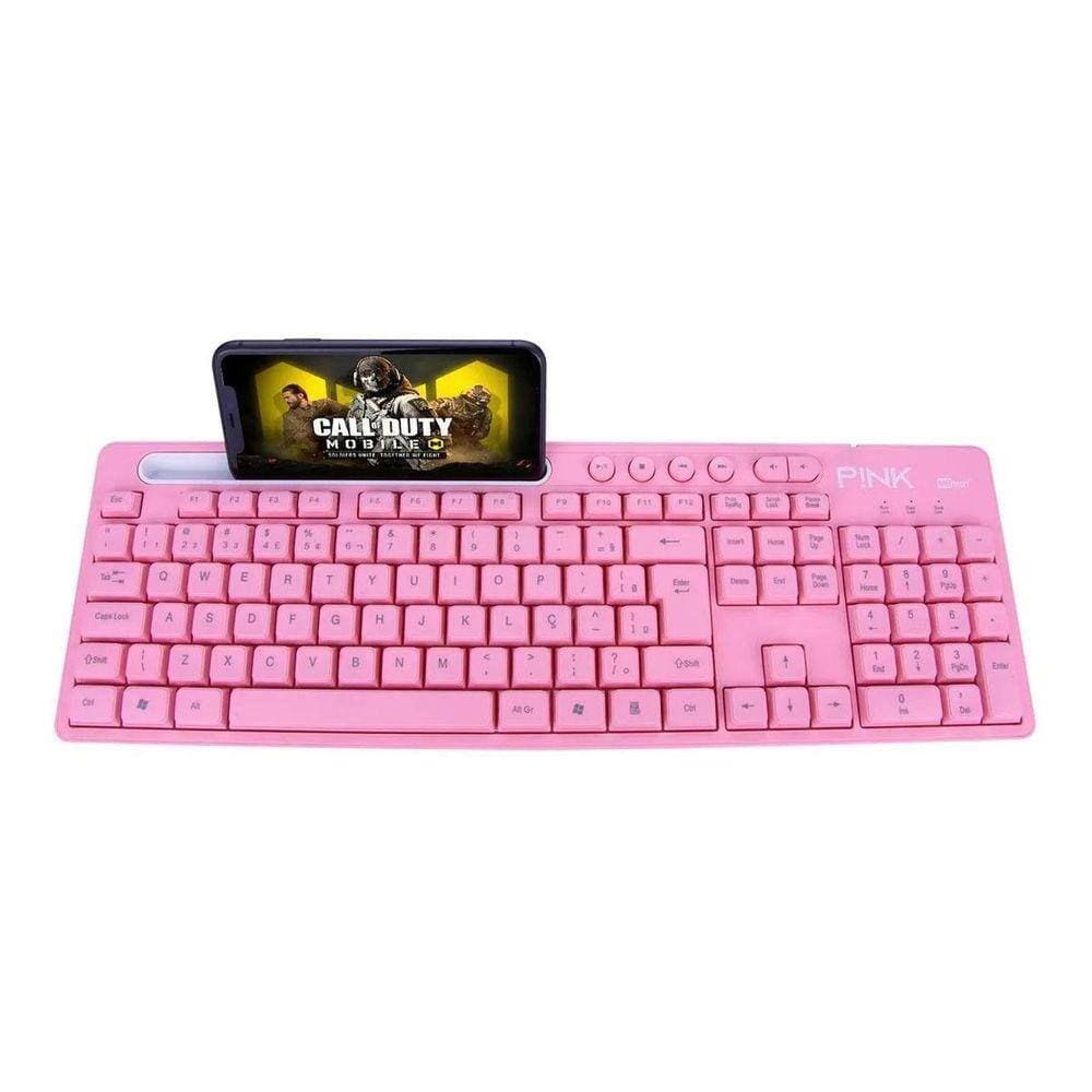 Teclado Rosa Usb Para Computador Pc E Suporte De Celular