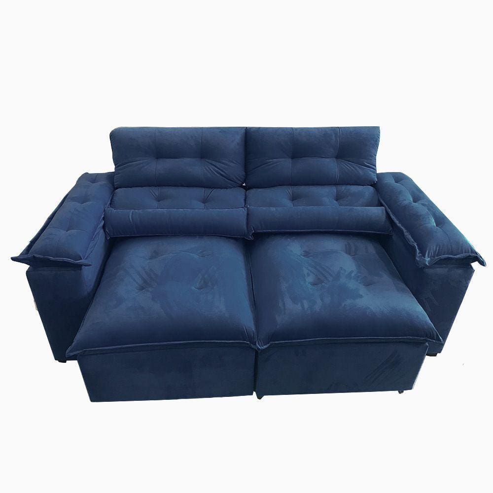 Sofá Retrátil Reclinável com Pillow nos Braços Veludo Azul Veneza Estofados 2 Metros