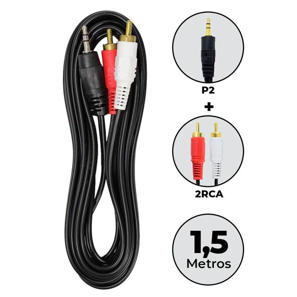 Cabo Auxiliar P2 Macho X 2 Rca 1,5M Som Estéreo Audio Phone