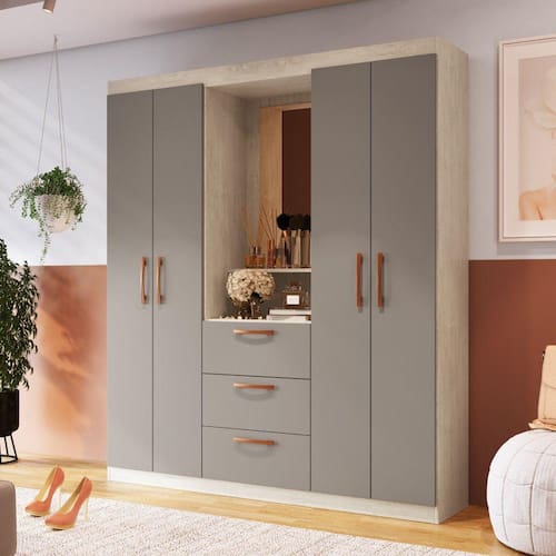 Guarda Roupa Solteiro com Espelho 4 Portas 3 Gavetas Panamá 59000 Doripel Menor preço em Guarda Roupa Solteiro com Espelho 4 Portas 3 Gavetas Panamá 59000 Doripel