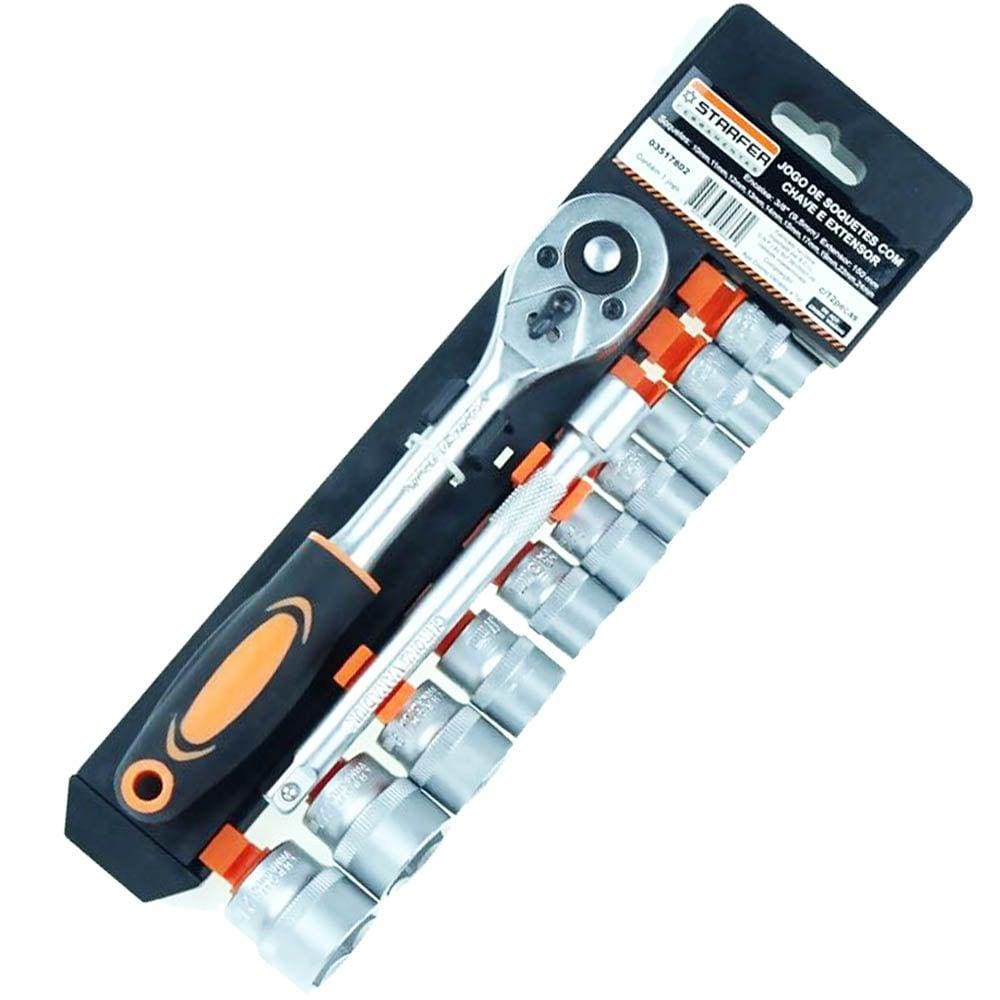 Jogo 12 Peças Chave Catraca 3/8 + Extensão + Soquete Starfer