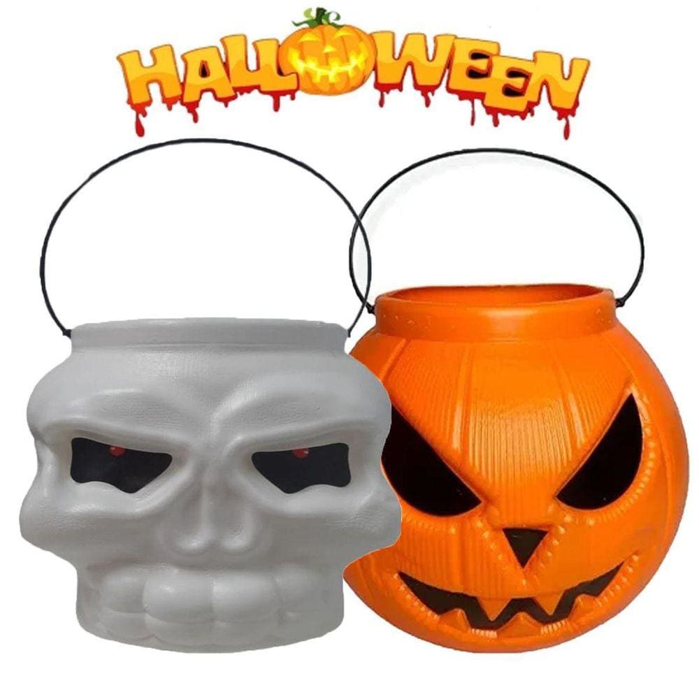 Kit 2 Baldes Cesto Caveiras E Abobura Para Festa Halloween