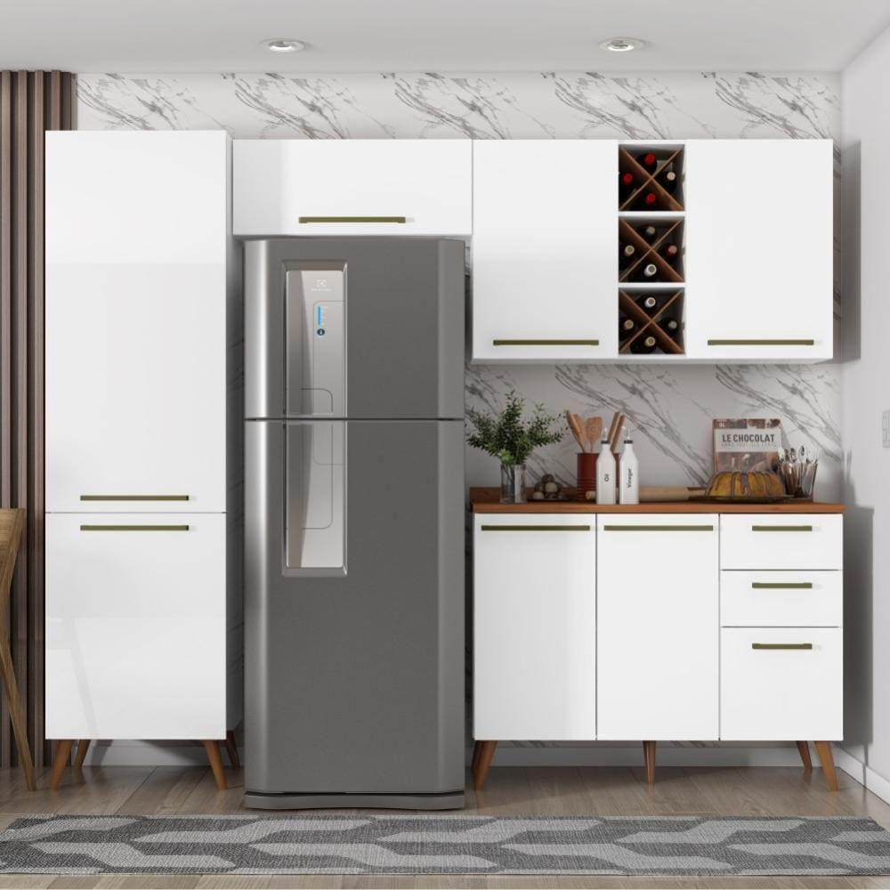 Armário De Cozinha Completa Com Adega 7 Portas 3 Gavetas Favorita Branco/Nature