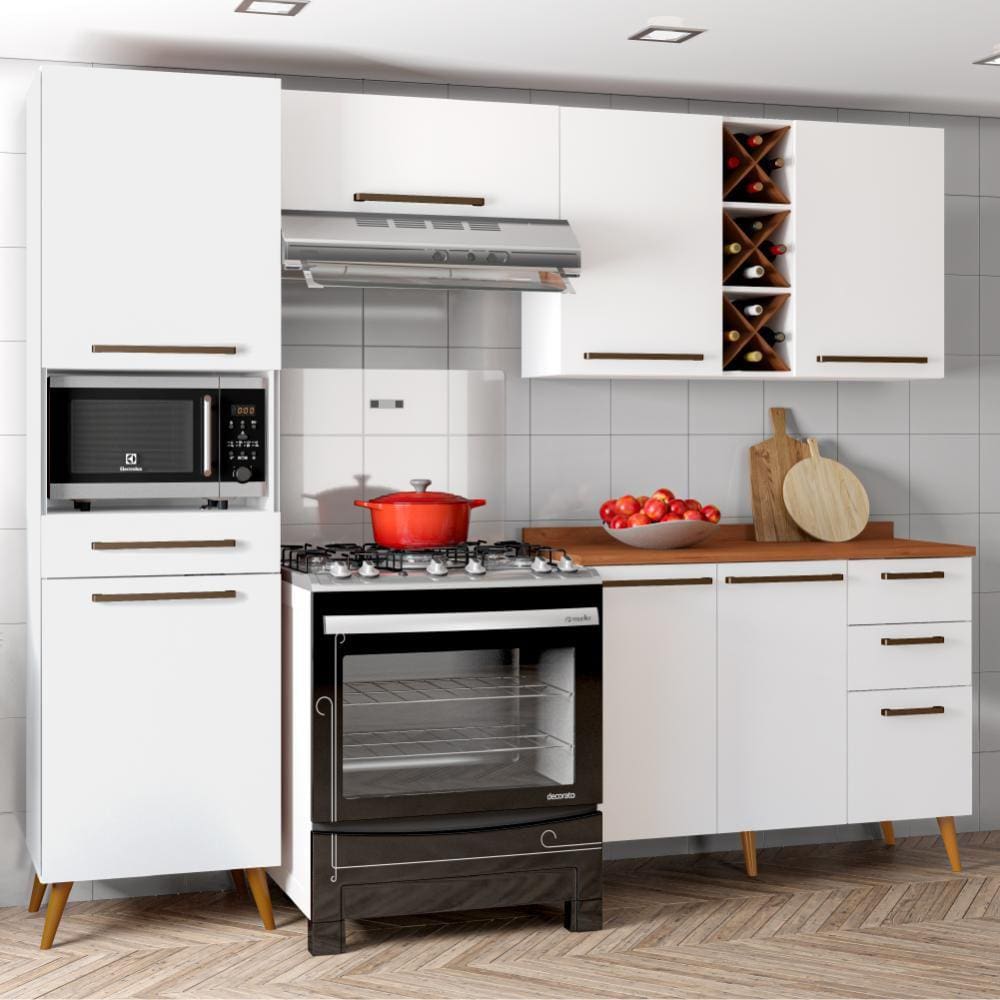 Armário De Cozinha Completa Com Adega 7 Portas 4 Gavetas Favorita Branco/Nature