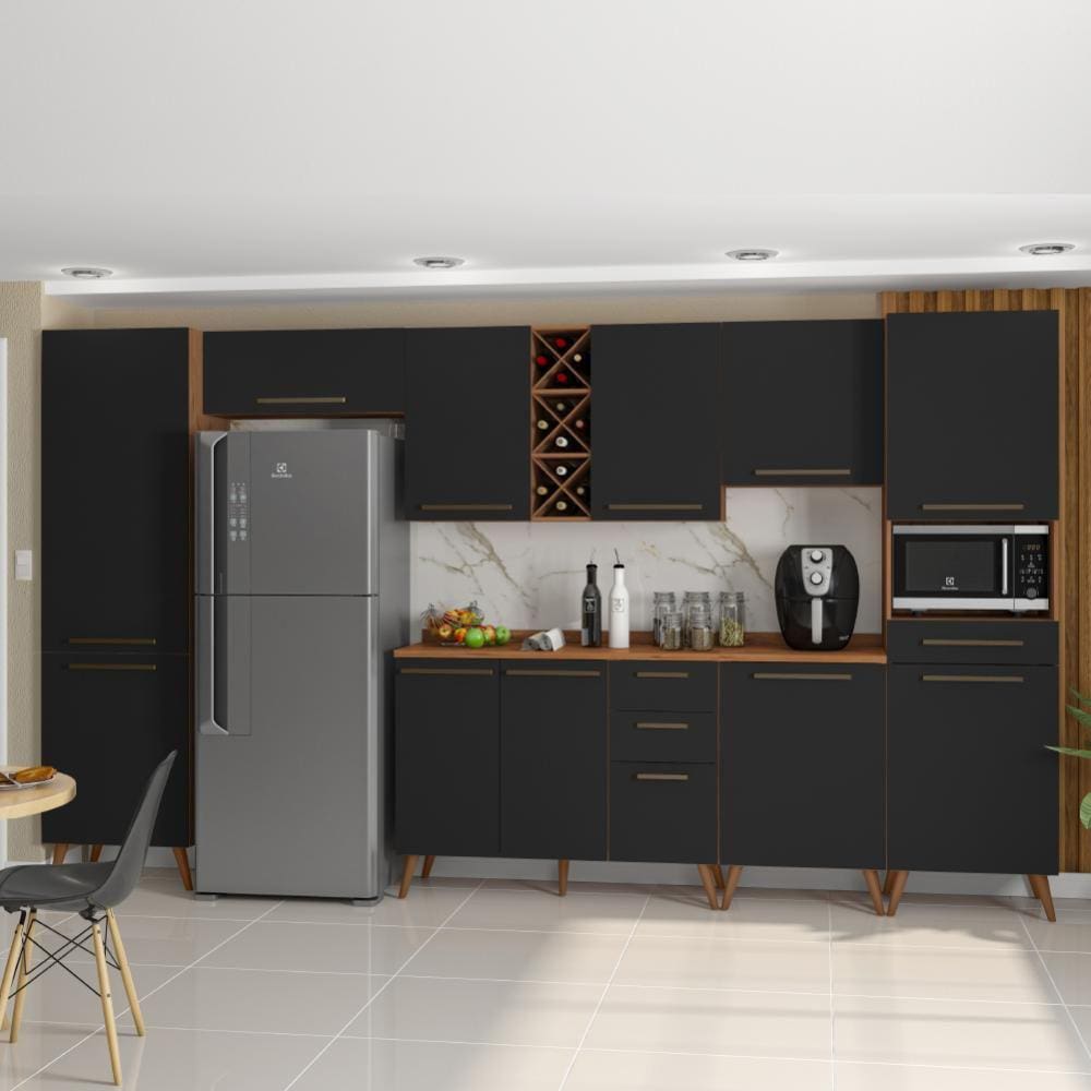Armário De Cozinha Completa Com Adega 11 Portas 4 Gavetas Favorita Preto/Nature