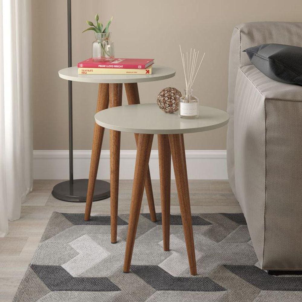 Conjunto Sala Mesas Slim Canto e Lateral Redonda Pés Madeira