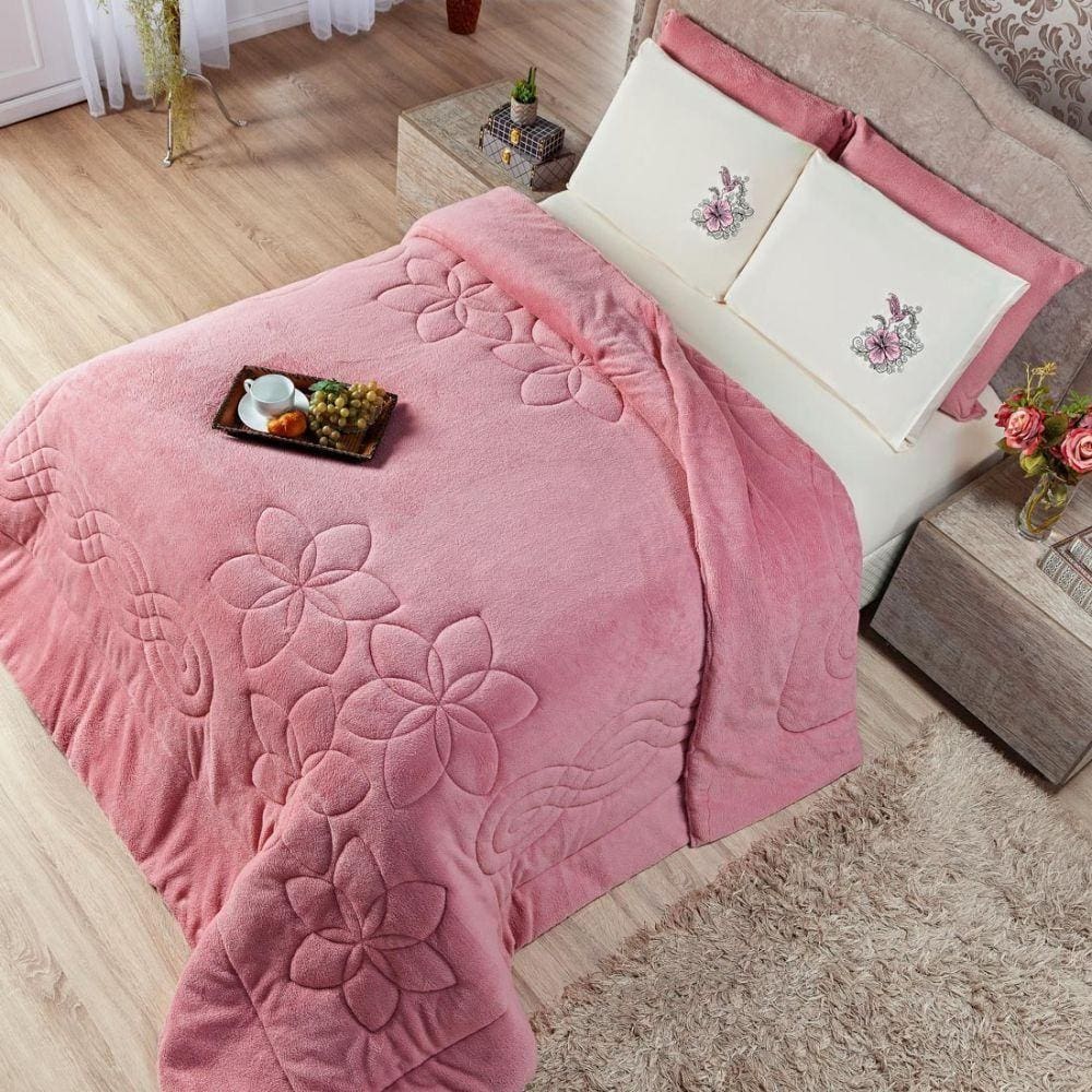 Coberdrom Floral Hibisco Rosê Queen 03 Peças Manta Microfibra