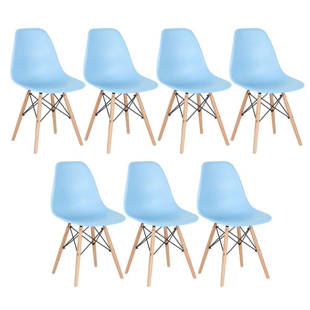 Kit 7 Cadeiras Charles Eames Eiffel Dsw Com Pés De Madeira Clara Azul Claro