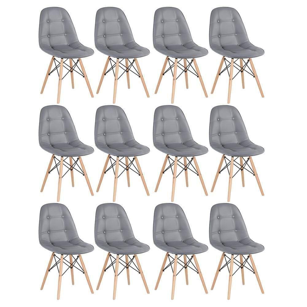 Kit - 12 X Cadeiras Estofadas Eames Eiffel Botonê - Base De Madeira Clara - Cinza Escuro