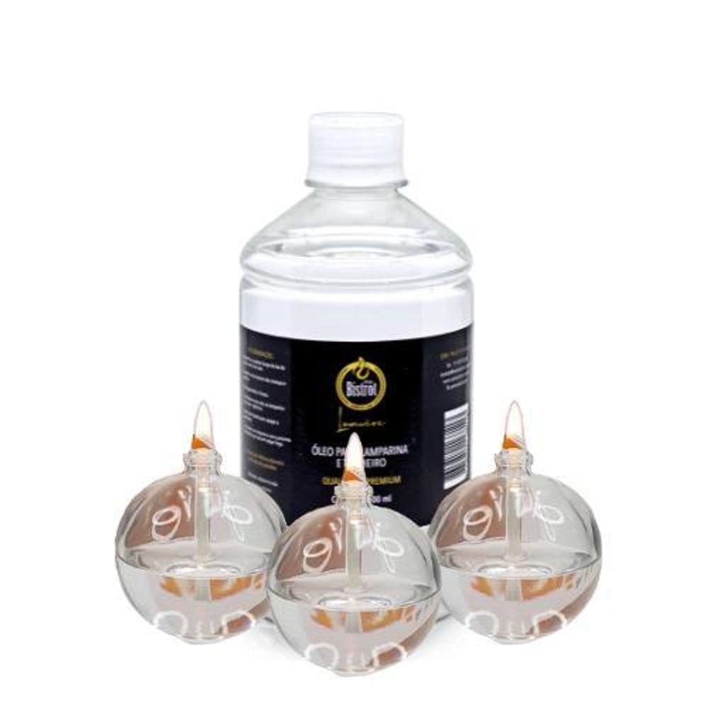 Kit 3 Lamparinas Decorativas Bola Incolor + 500Ml De Fluido