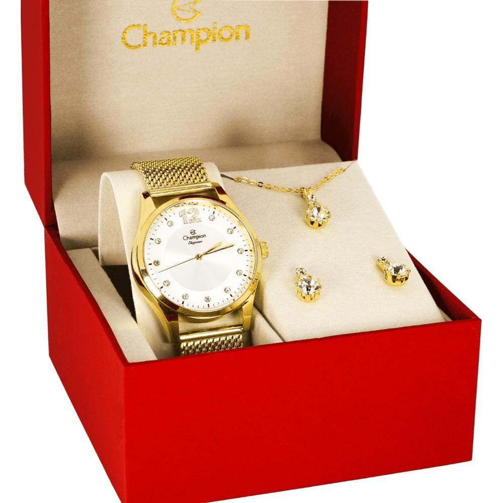 Kit Relogio Feminino Champion Dourado - CN25743E