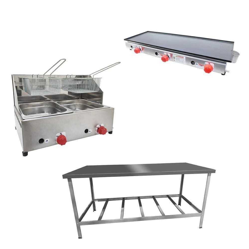 Kit Lanchonete Mesa de Manipulação 190x70cm + Fritadeira a Gás 2 Cuba + Chapa a Gás 90cm Alcamar