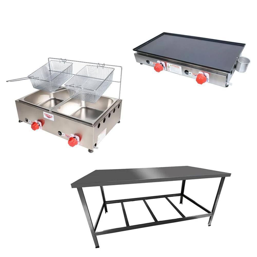 Kit Lanchonete Mesa de Manipulação 120x55cm + Fritadeira a Gás 2 Cuba + Chapa a Gás 60cm Alcamar