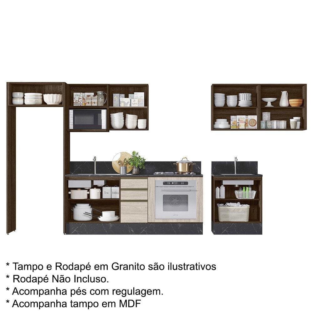 Cozinha Completa Modulada 18 Peças Ii 100% MDF Kali Premium Amendoa Arezzo  Rust Nicioli