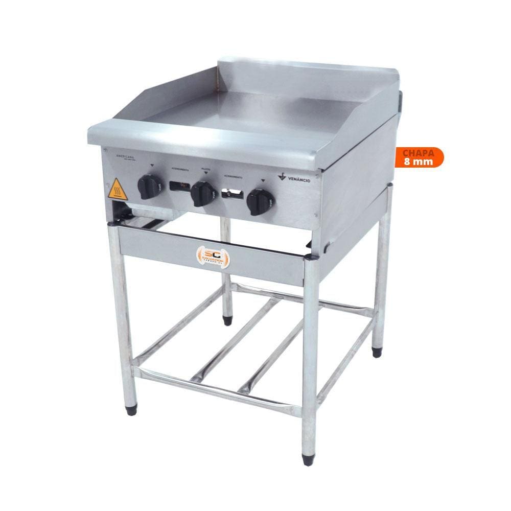 Chapa Americana Profissional 60cm a Gás 8mm Lisa Inox com Pé CGP60 - Venâncio