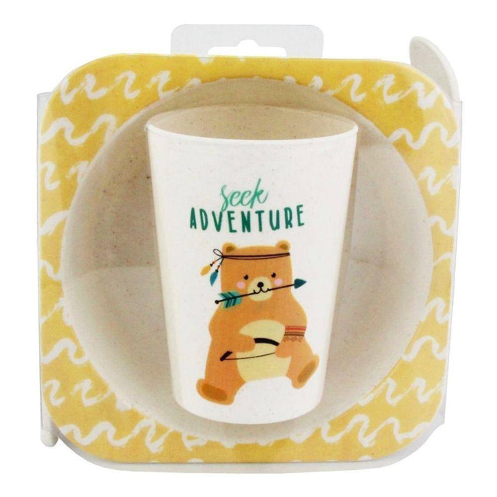 Kit 4 Conjunto Refeição Infantil Kit Papinha Decorado - Bege c/ Urso, Veado e Raposa