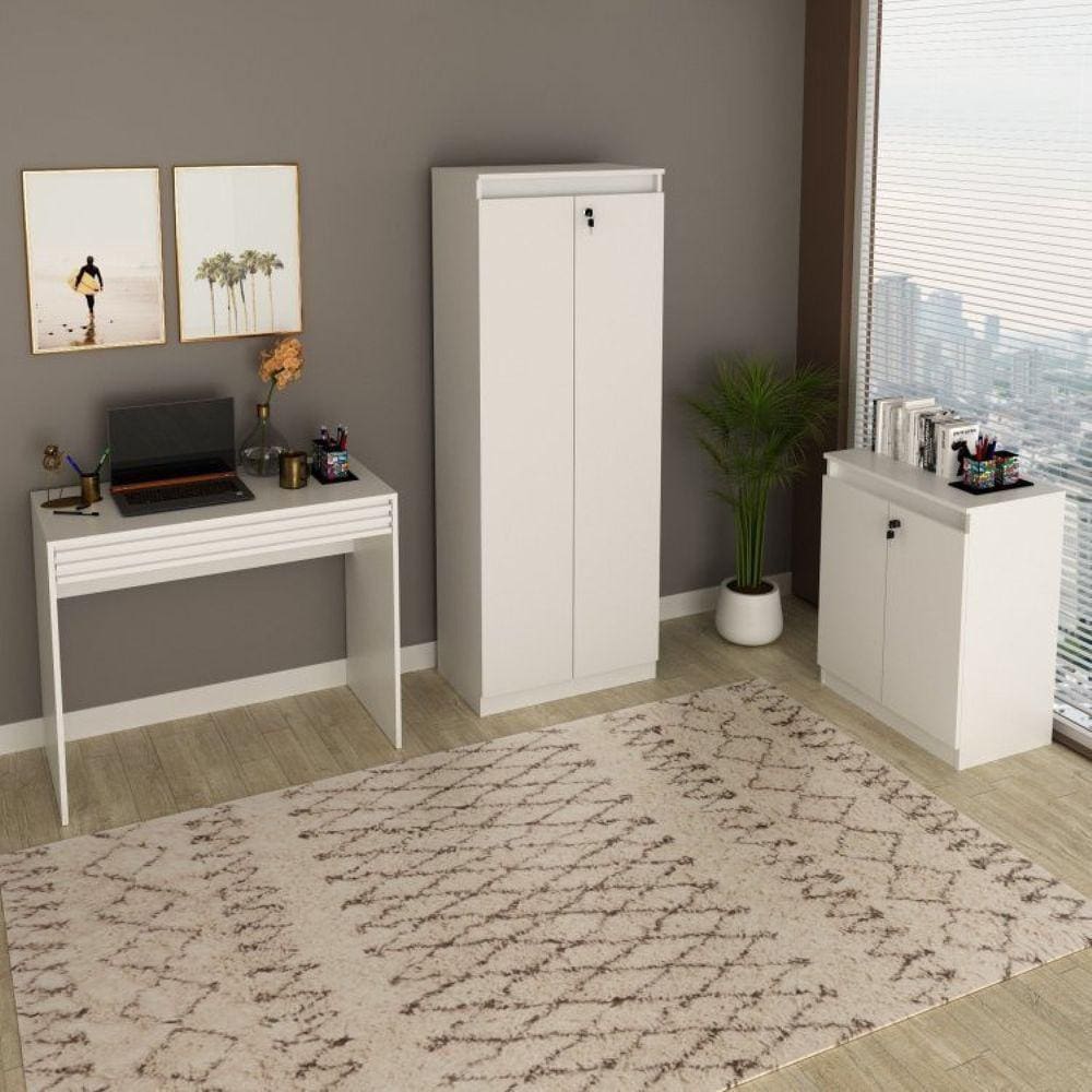 Conjunto Home Office 1 Mesa de Escritório com Gaveta 1 Armário Alto 1 Balcão Espresso Móveis Branco