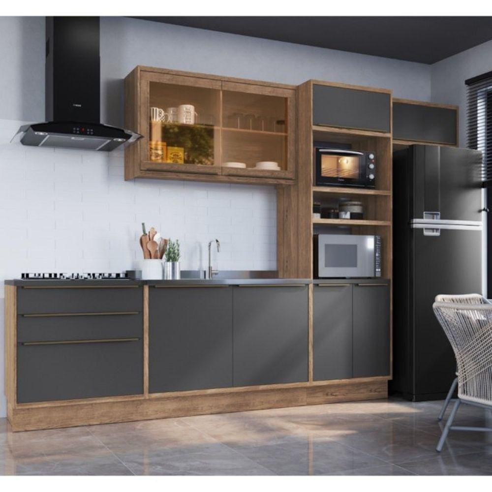 Cozinha Modulada 5 Peças 8 Portas 3 Gavetas com Divisor de Talheres 1 Nicho para Forno Viena Edez Louro Freijó/Cinza Grafitto