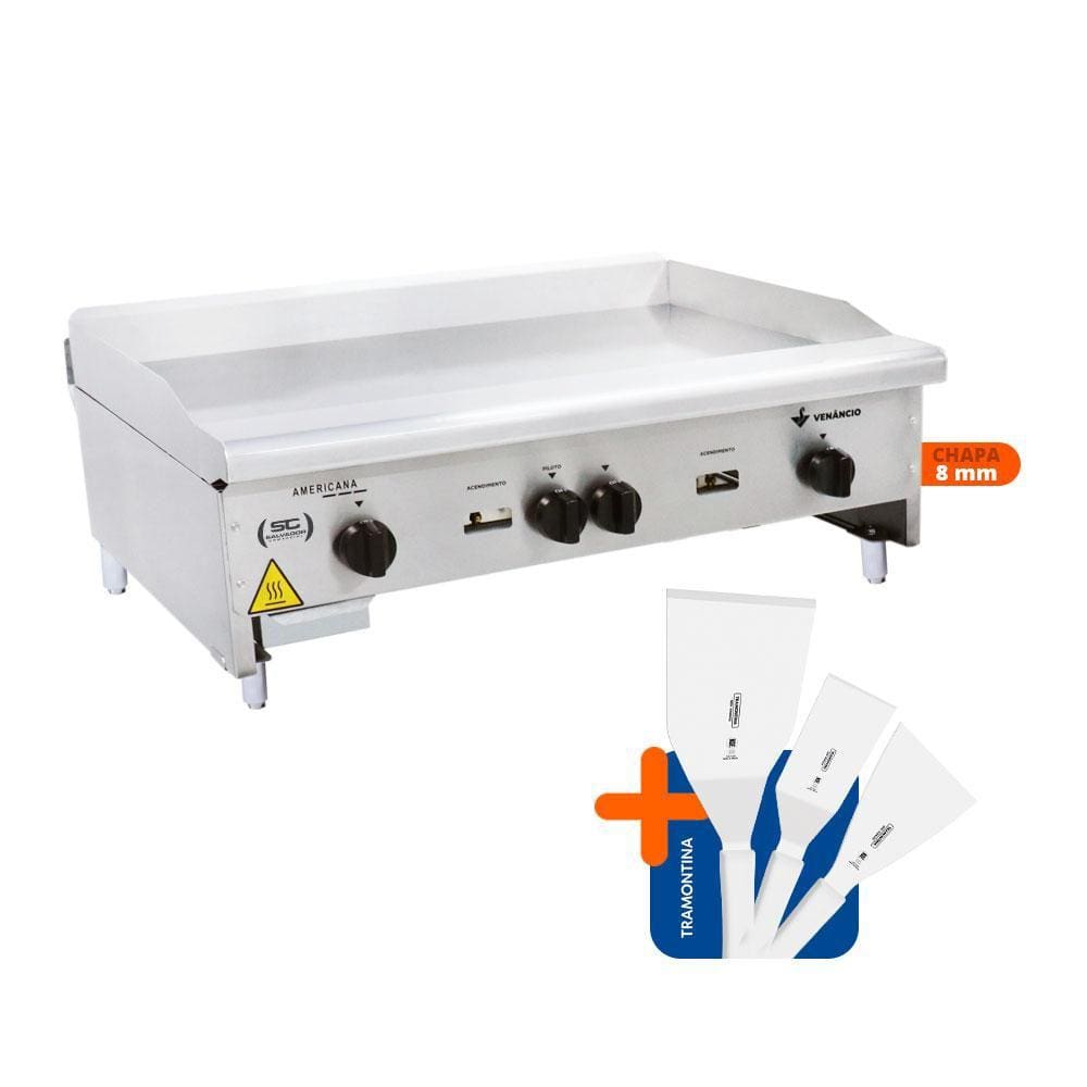 Chapa Americana Profissional 90cm a Gás 8mm Lisa Inox CG90 e Conjunto de Espátulas - Venâncio