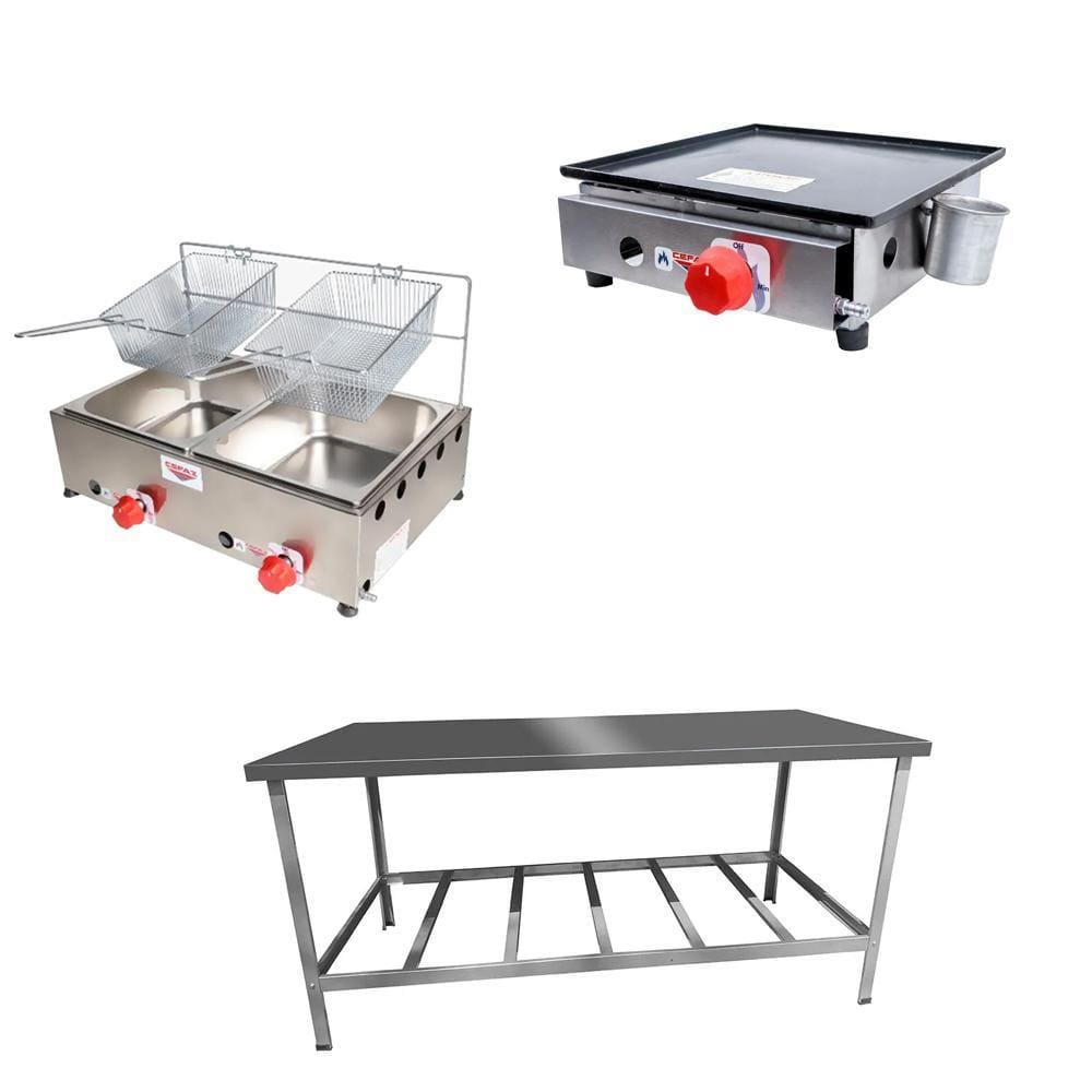Kit Lanchonete Mesa de Manipulação 190x70cm + Fritadeira a Gás 2 Cuba + Chapa a Gás 30cm Alcamar