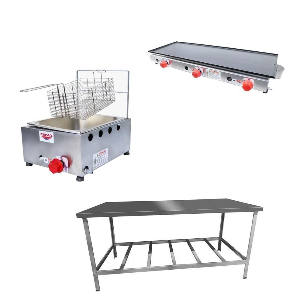 Kit Lanchonete Mesa de Manipulação 190x70cm + Fritadeira a Gás 1 Cuba + Chapa a Gás 90cm Alcamar