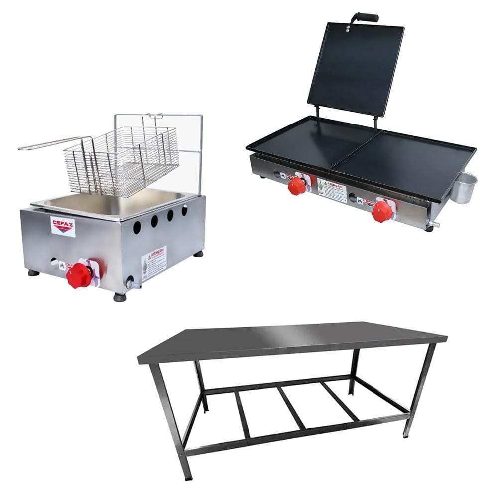Kit Lanchonete Mesa de Manipulação 120x55cm + Fritadeira a Gás 1 Cuba + Chapa a Gás 60cm Alcamar
