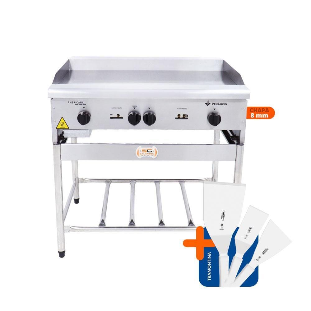 Chapa Americana Profissional 90cm a Gás 8mm Lisa Inox Com Pé Cgp90 e Espátulas - Venâncio