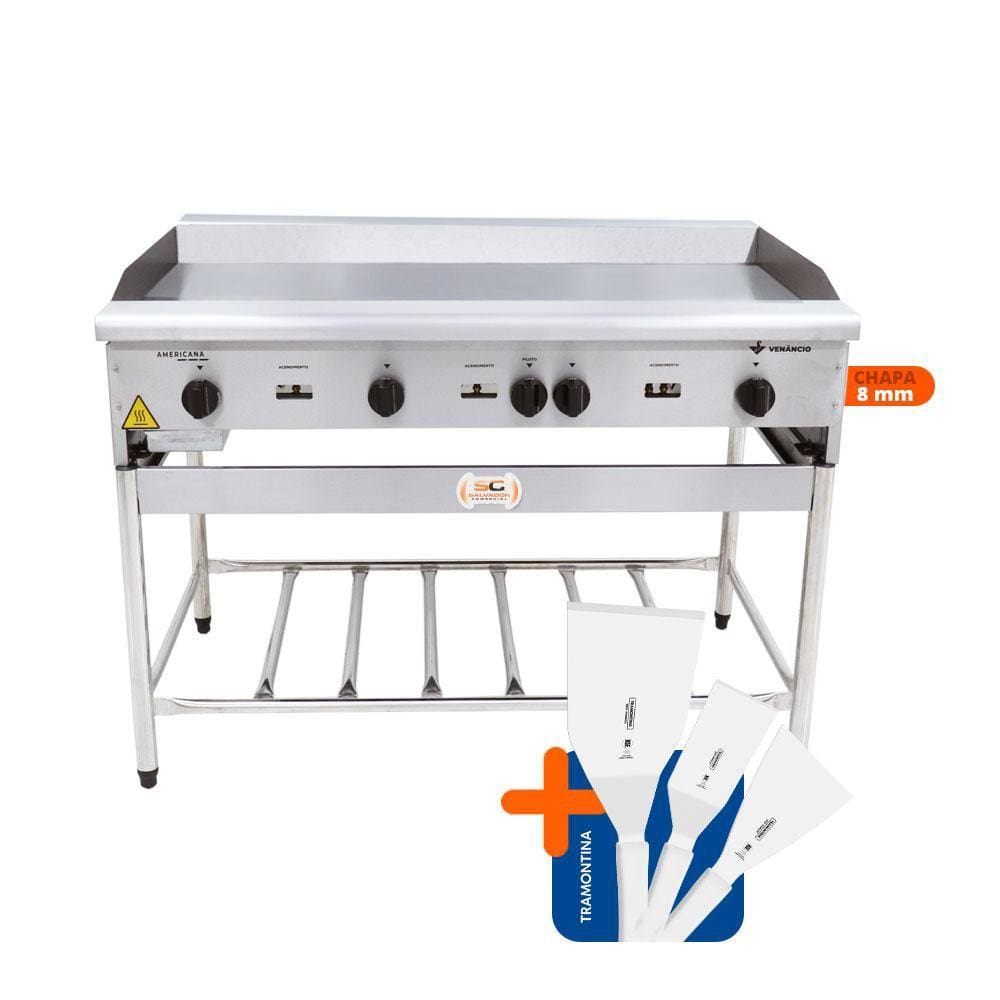Chapa Americana Profissional 120cm a Gás 8mm Lisa Inox Com Pé Cgp120 e Espátulas - Venâncio