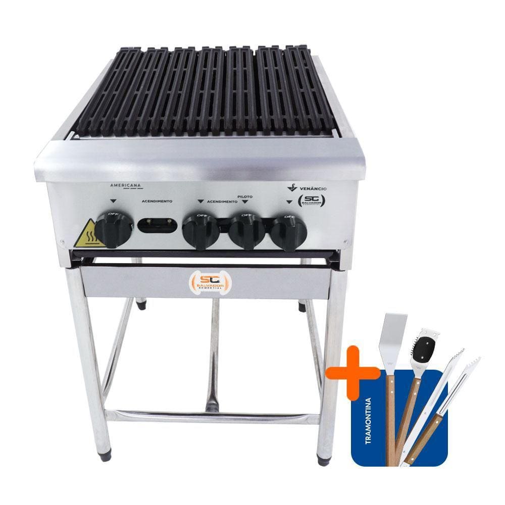 Chapa Charbroiler Americana Profissional Grill 45cm Gás Inox Com Pé Cggp45 e Utensílios - Venâncio
