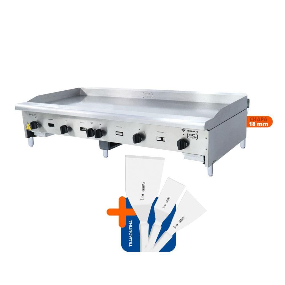 Chapa Americana Profissional 150cm a Gás 18mm Lisa Inox CG150 e Conjunto de Espátulas - Venâncio