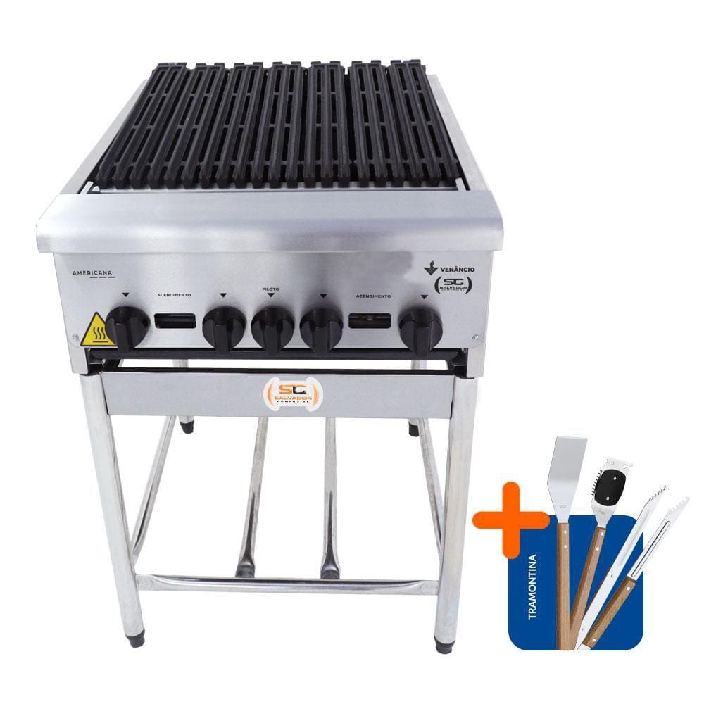 Chapa Charbroiler Americana Profissional Grill 60cm Gás Inox com Pé CGGP60 e Utensílios - Venâncio