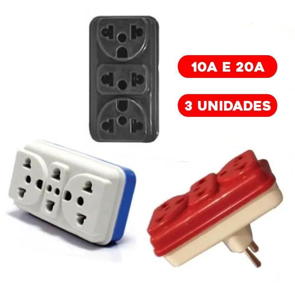 Adaptador Benjamim Tomada 10A 20A Casulo 3 Saídas Kit 3 Unid