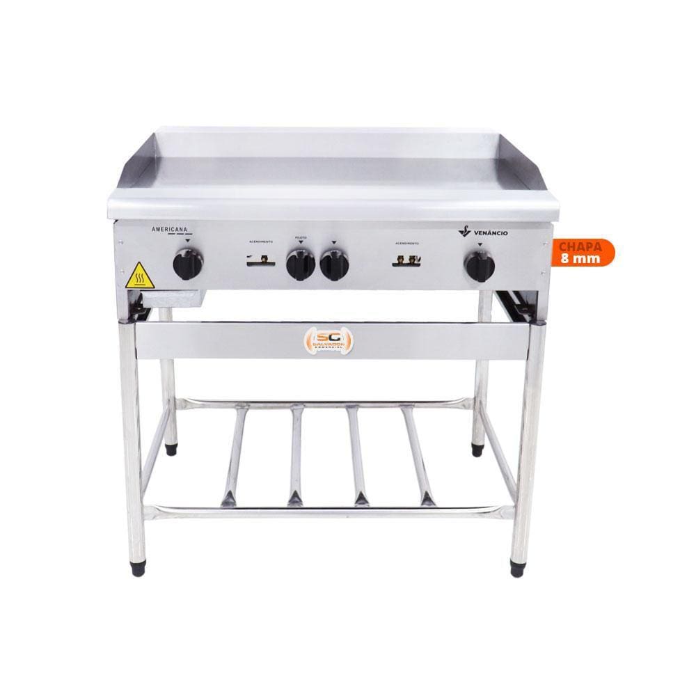 Chapa Americana Profissional 90cm a Gás 8mm Lisa Inox com Pé CGP90 - Venâncio
