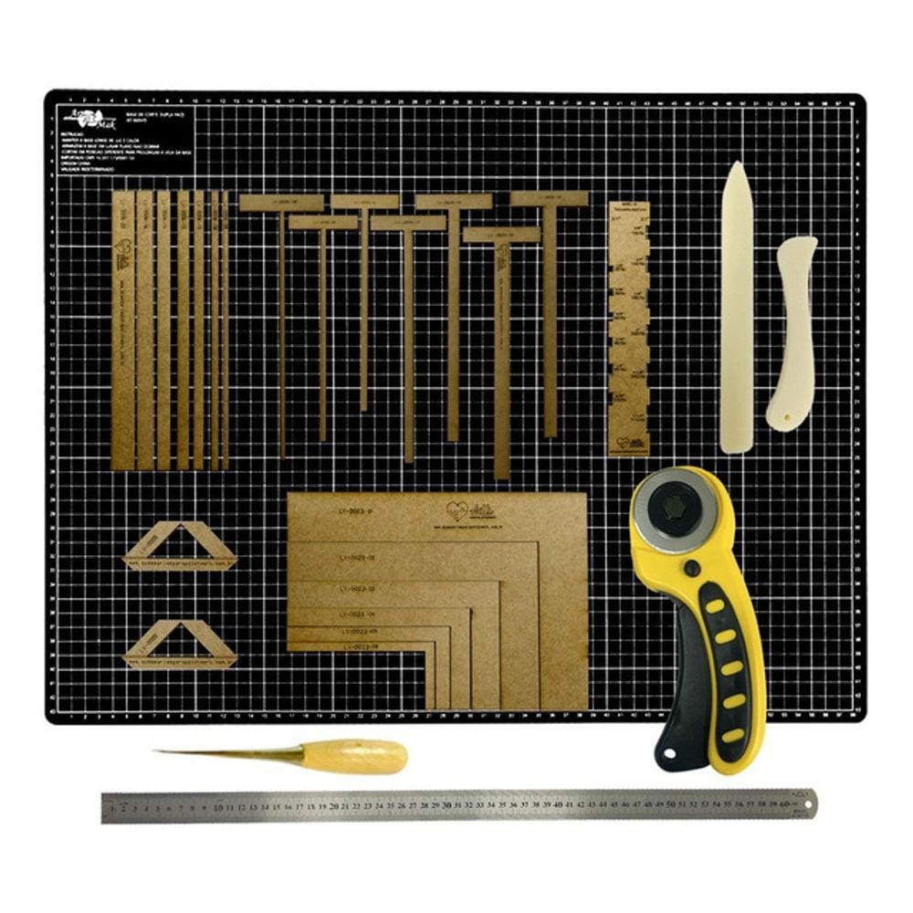Base de Corte Grande 90x60 Kit Cartonagem Esquadro Gabarito Fio de Cabelo Régua inox 60 Cortador 45