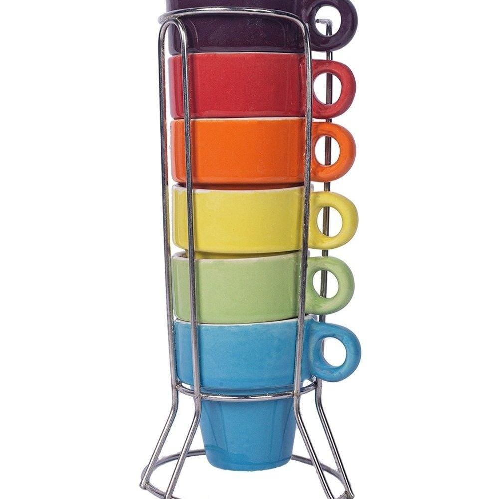 Jogo De Xícaras Café Chá Coloridas Com Suporte Kit 6 Canecas