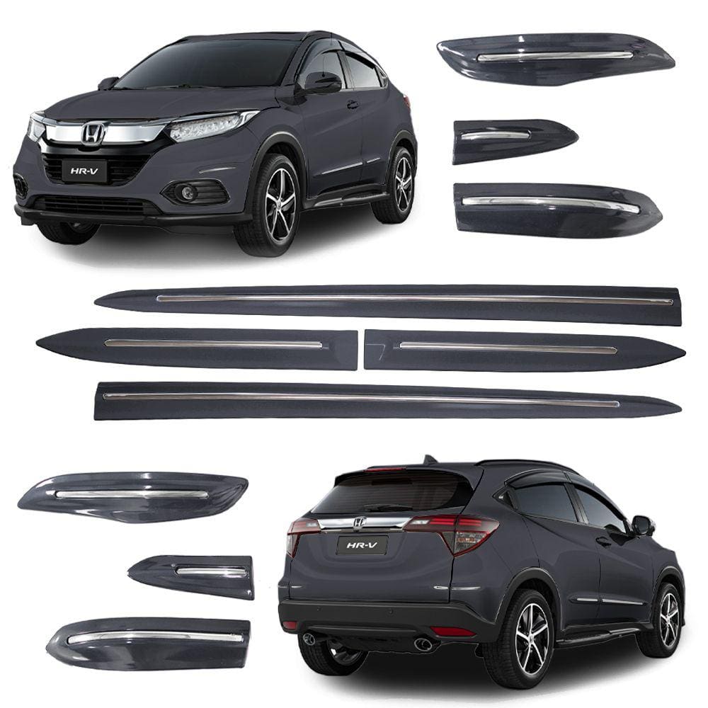 Jogo Friso Lateral Honda HR-V 2016 a 2022 e Protetor de Para-choque Cinza Barium com Filete Cromado