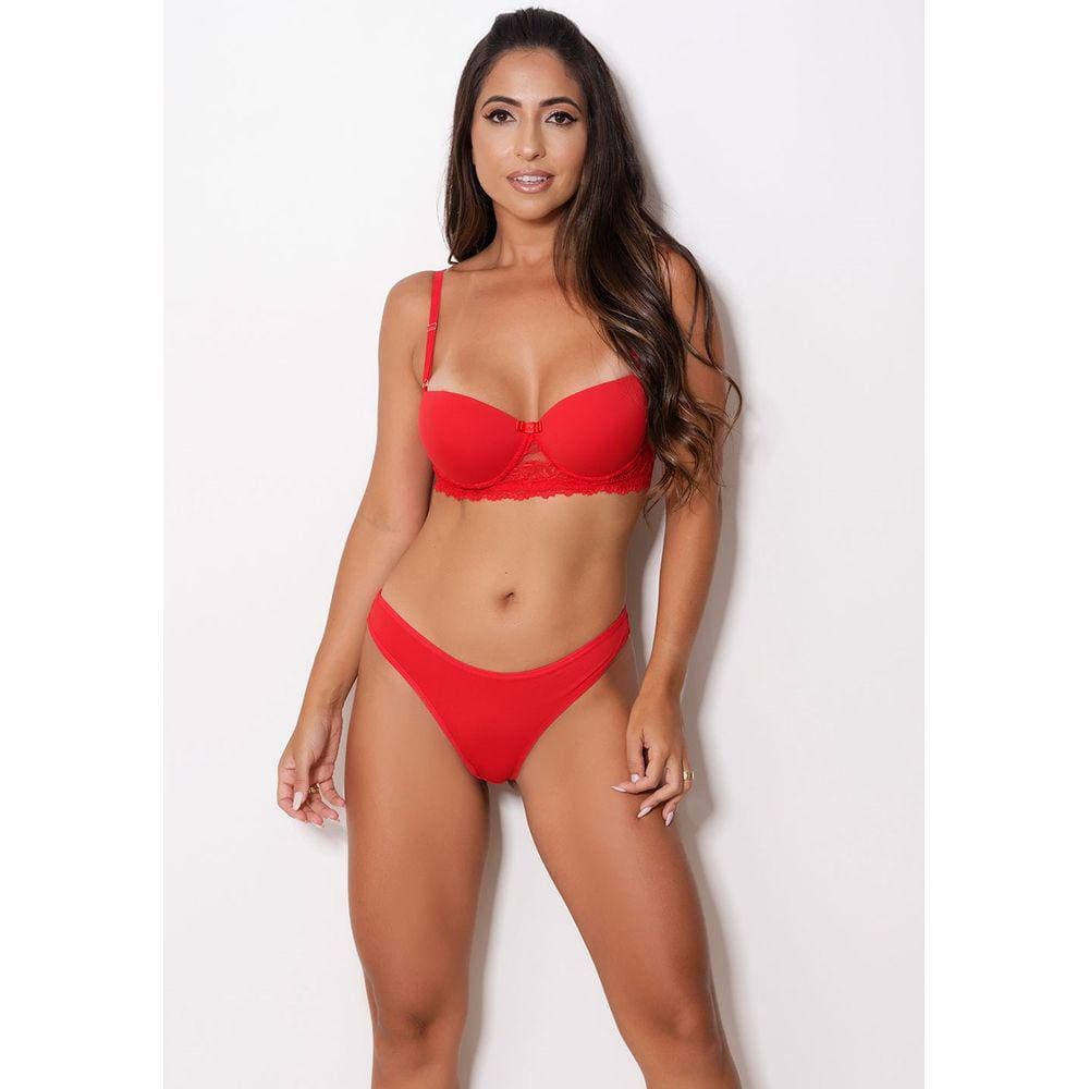 Conjunto fio sensual com bojo em poliamida lisa e renda vermelho