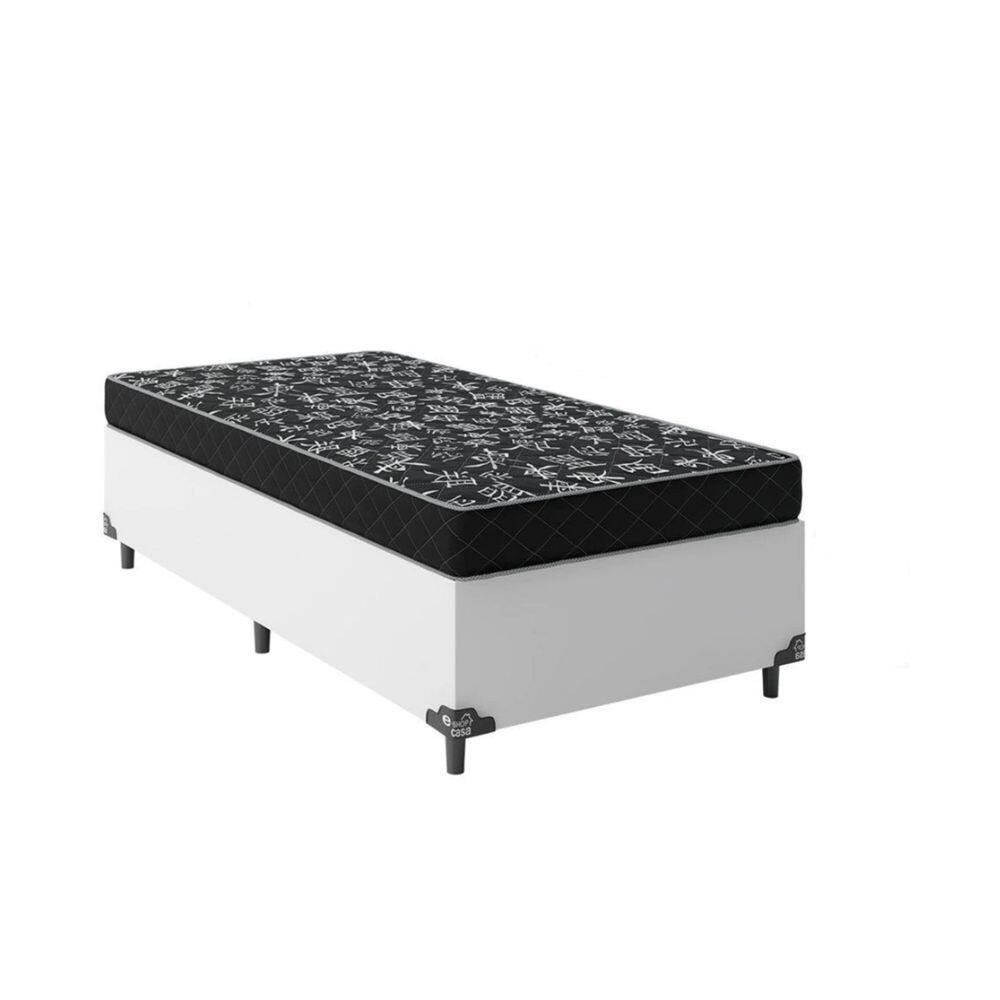 Cama Box Solteiro 88 Tecido Sintético Branco com Colchão Espuma  D20 - Tampo Preto 12cm