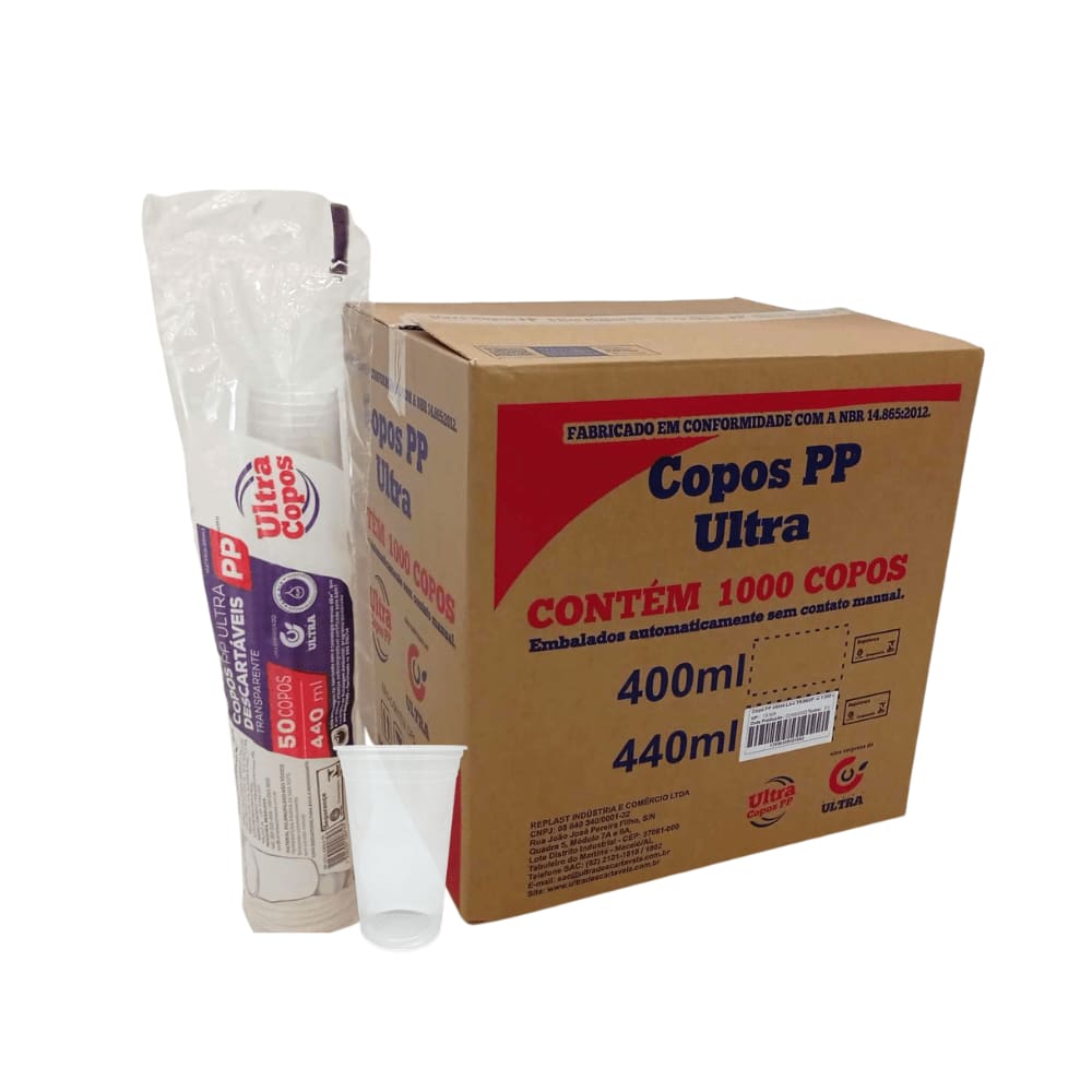 Copo de 440ml Liso Transparente PP Ultra Copos Replast com 1.000 unidades