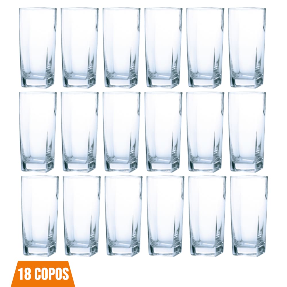 Conjunto Com 18 Copos Vidro Bali Quadrado 320ml Transparente