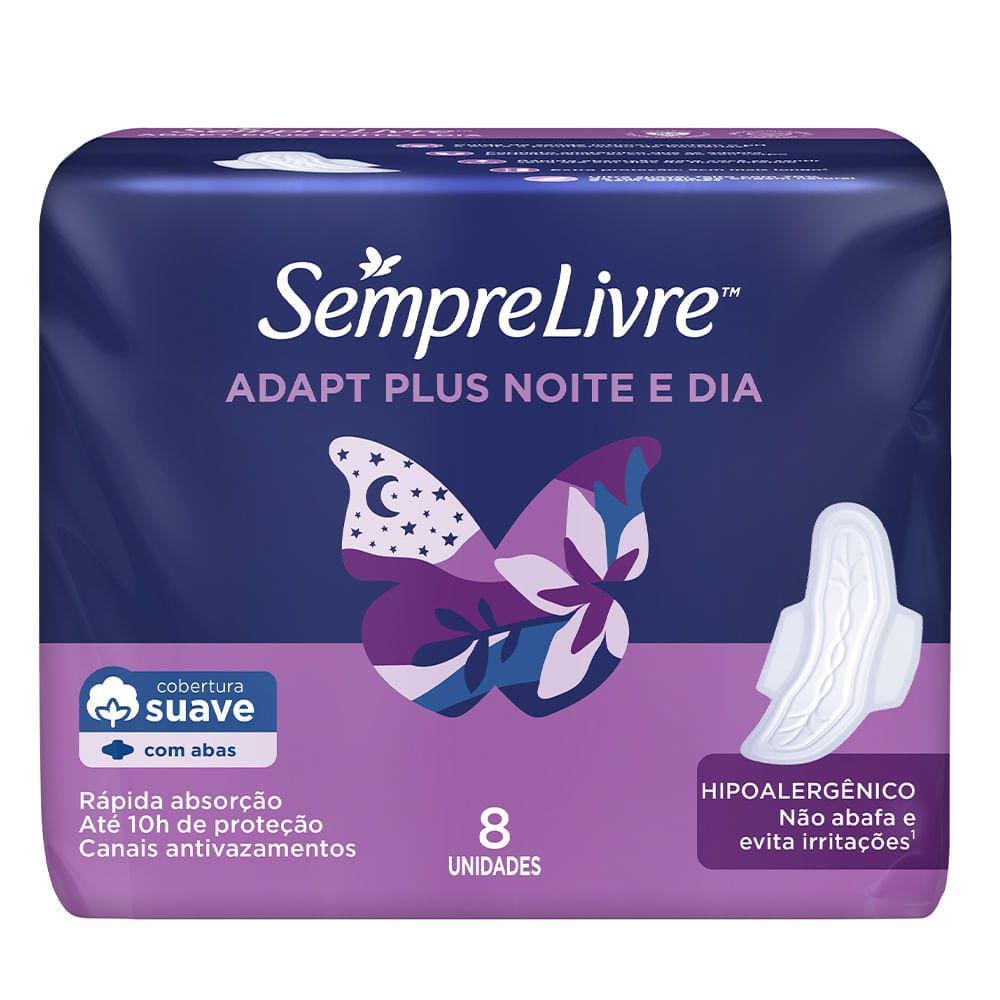 Absorvente Sempre Livre Adapt Plus Noite e Dia Toque Suave Com Abas 8 Unidades