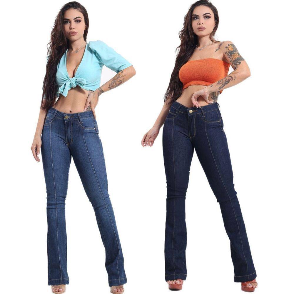 Kit 2 Calça Flare Feminina Jeans Com Licra Cintura Alta Amaciada e Marinho Stone 19