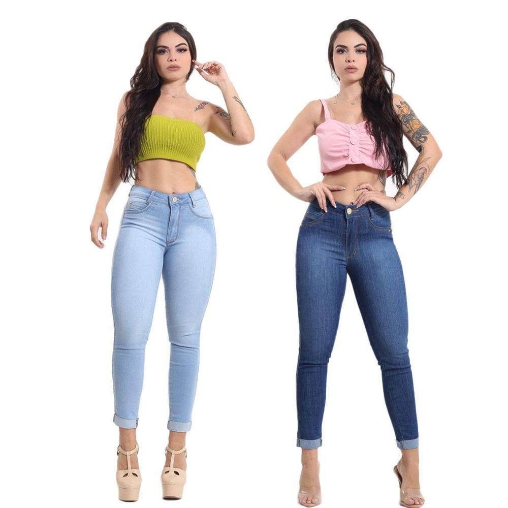 Kit 2 Calça Capri Feminina Jeans Com Licra Azul Escuro Liso e Azul Claro Liso 21