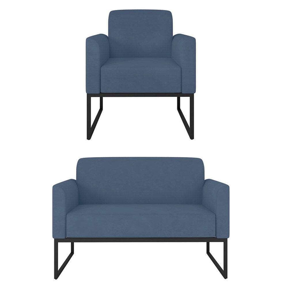 Kit Namoradeira e 1 Poltrona Decorativa Base Industrial Preta Maressa S04 Suede Azul Marinho - Ibiza