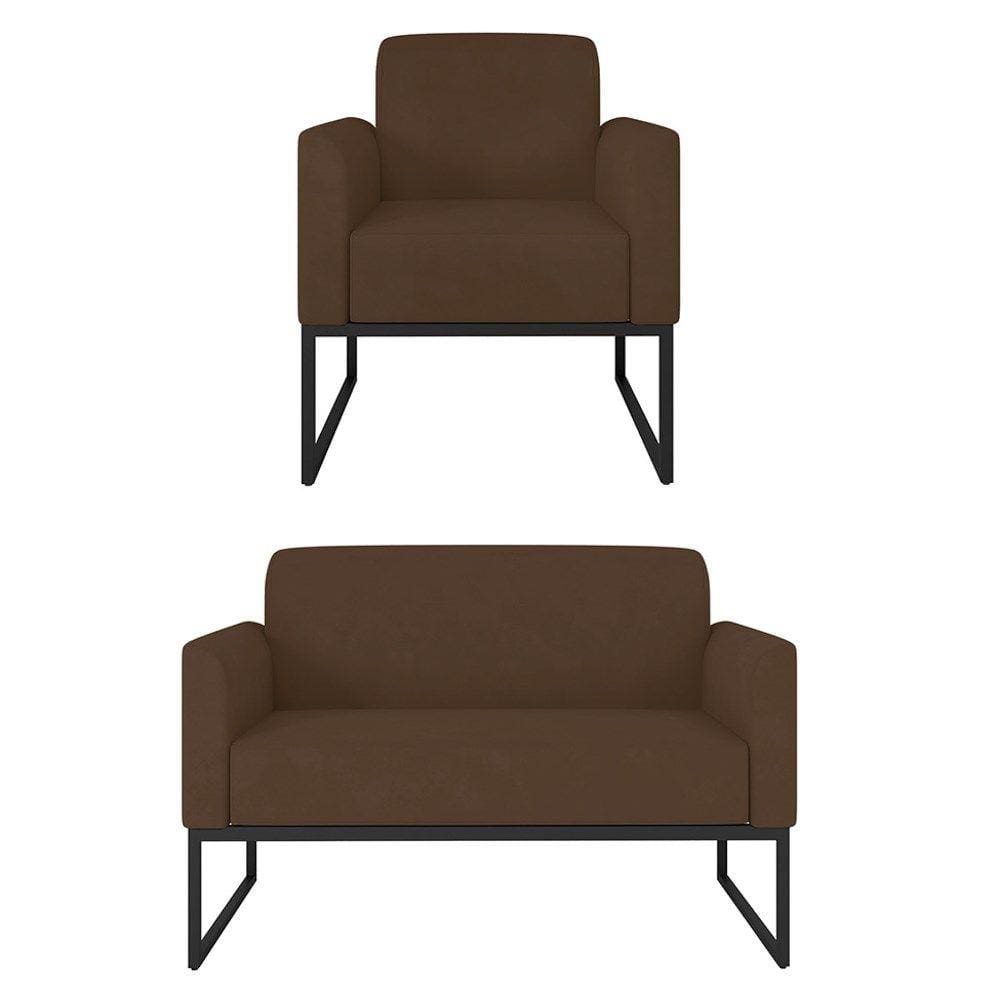 Kit Namoradeira e 1 Poltrona Decorativa Base Industrial Preta Maressa S06 Suede Marrom - Ibiza